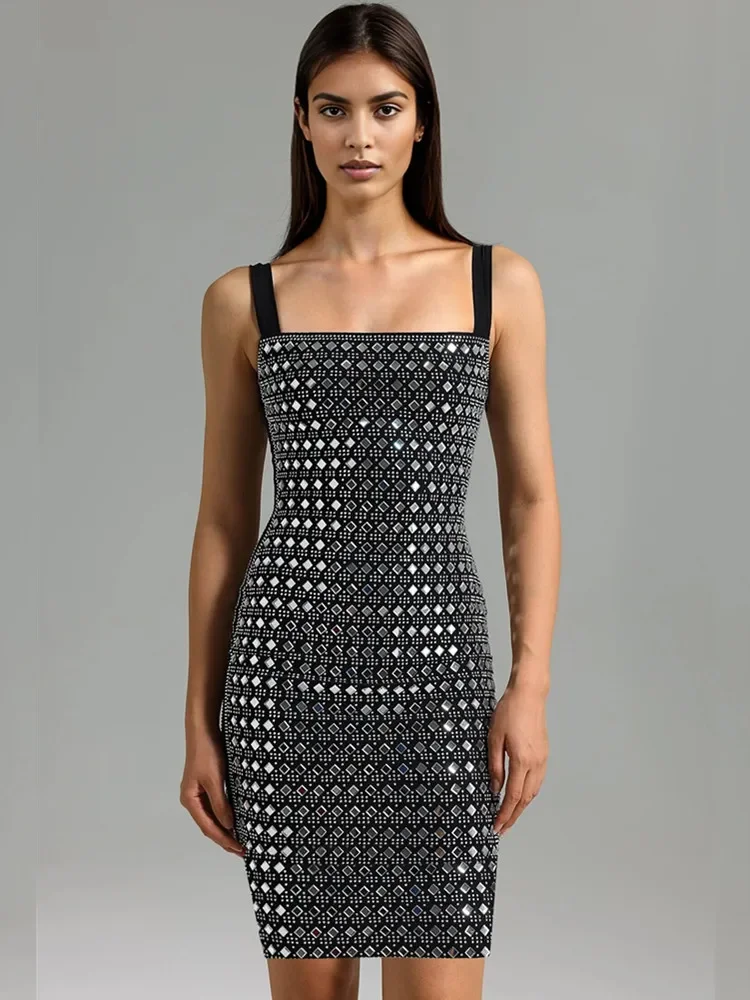 

2024 Luxury Women Celebrity Sexy Tank Black Diamonds Crystal Mini Bodycon Dress Elegant Evening Club Party Dress