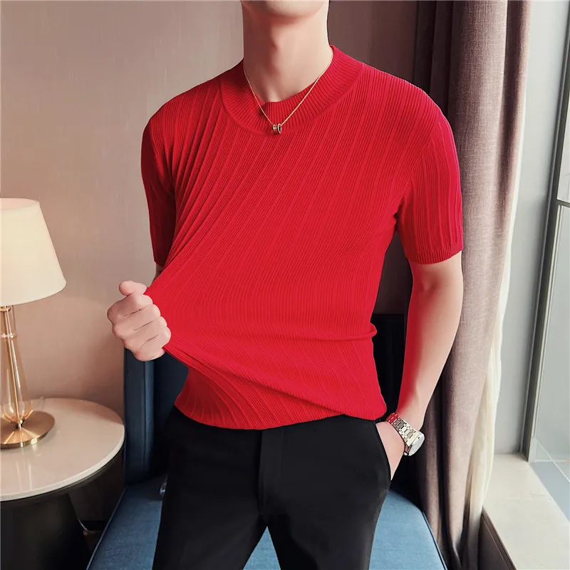 Men\'s High-End Casual Short Sleeve knitting Sweater/Male High collar Slim Fit Stripe Set head Knit Shirts Plus size S-4XL