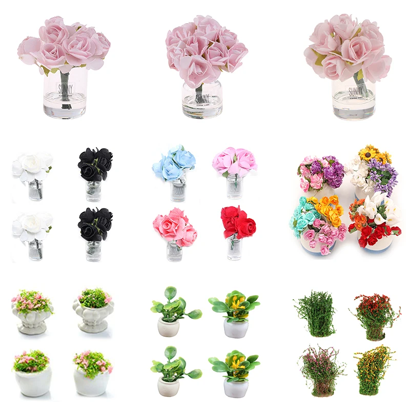 22Types Mini Cute Pink Rose Flower,Vase Simulation Potted Plants 1:12 Dollhouse Miniature Doll House Furniture Home Decoration