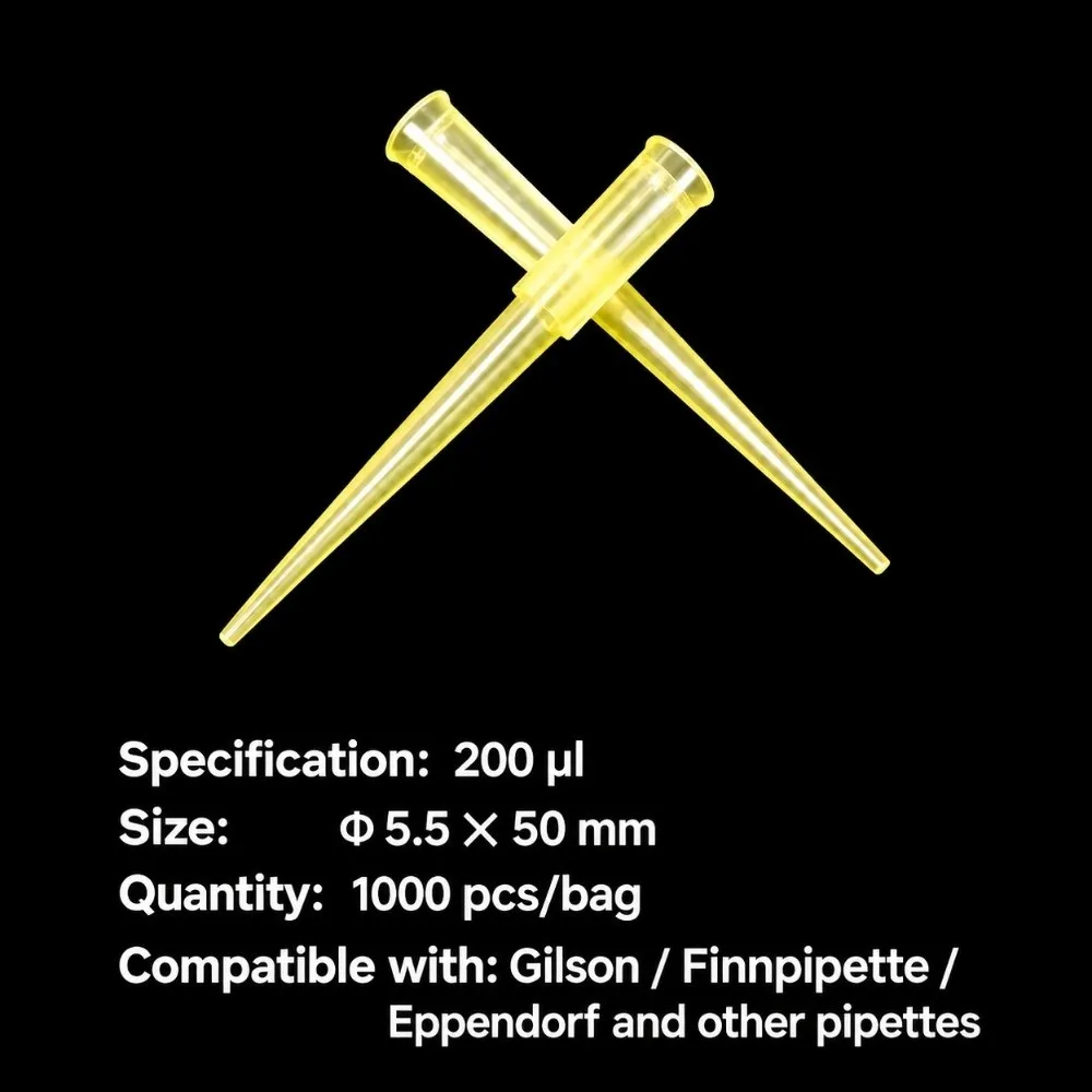 1000PCS 200UL Plastic Pipette Tips Clear 200ul Volume Yellow Pipette Tips Conical Lab Pipette Nozzles Research Use