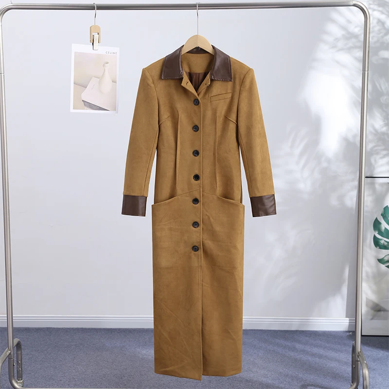 Kunstleder-Patchwork-Wildleder-Taillenbetonte Lange Mäntel für Damen, Street-Style, Reverskragen, Vollarm, Paneelierte Schlanke Jacken, Schicke Damen-Oberbekleidung – Detail 3