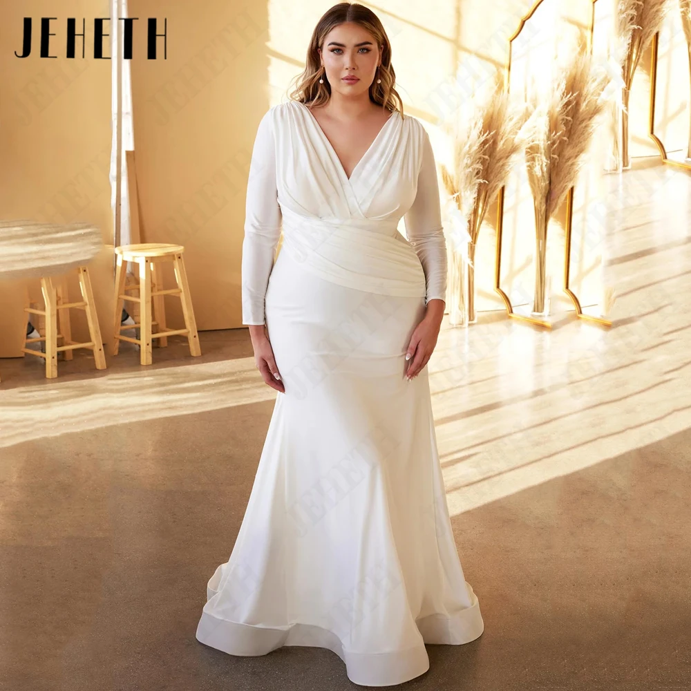 JEHETH Elegant Wedding Dress Plus Size Woman Bride Long Sleeves Double V-Neck Bride Gowns Mermaid Soft Satin vestidos de novia