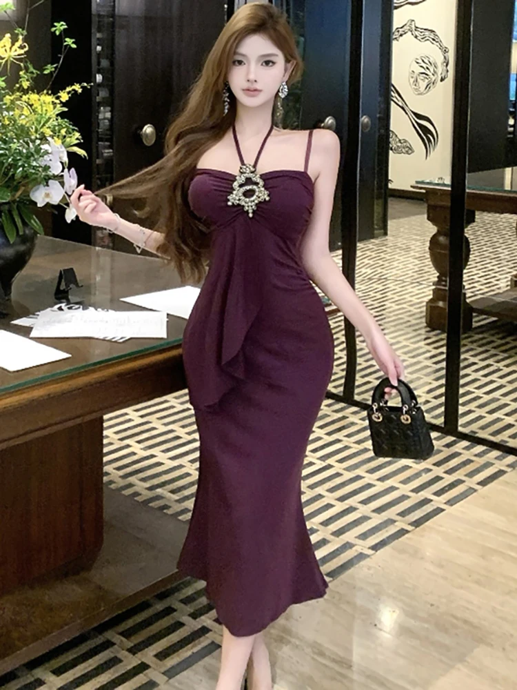 2025 novo roxo elegante babados diamantes estilingue vestido sexy feminino vestido de festa de dança de luxo verão coreano bodycon festival vestidos