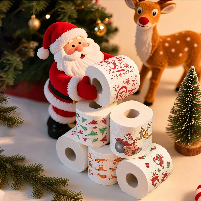 Christmas Toilet Paper Rolls Snowman Christmas Tree Pattern Bathroom Tissue Home Party Decoration Holiday Bathroom Decor Gift