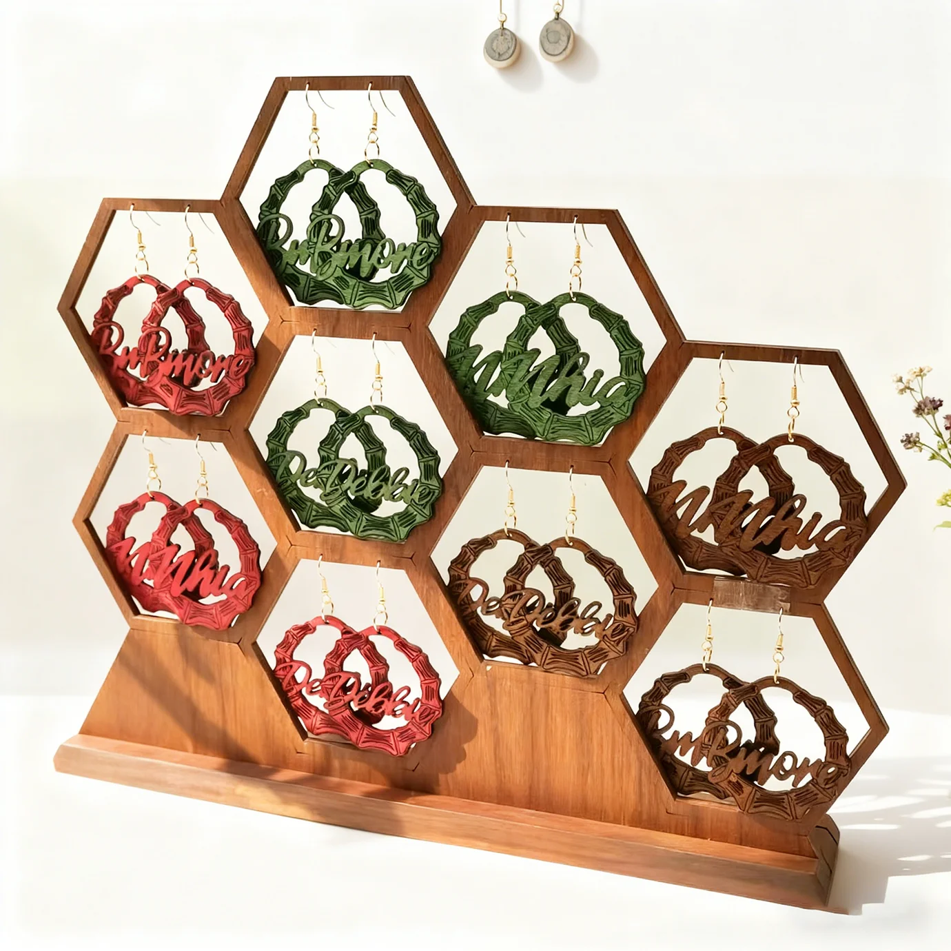 A Set of 3 Pairs of Multi-Colored Wooden Bamboo Joint Letter Design Earrings for Autumn and Winter, Featuring a Unique Style