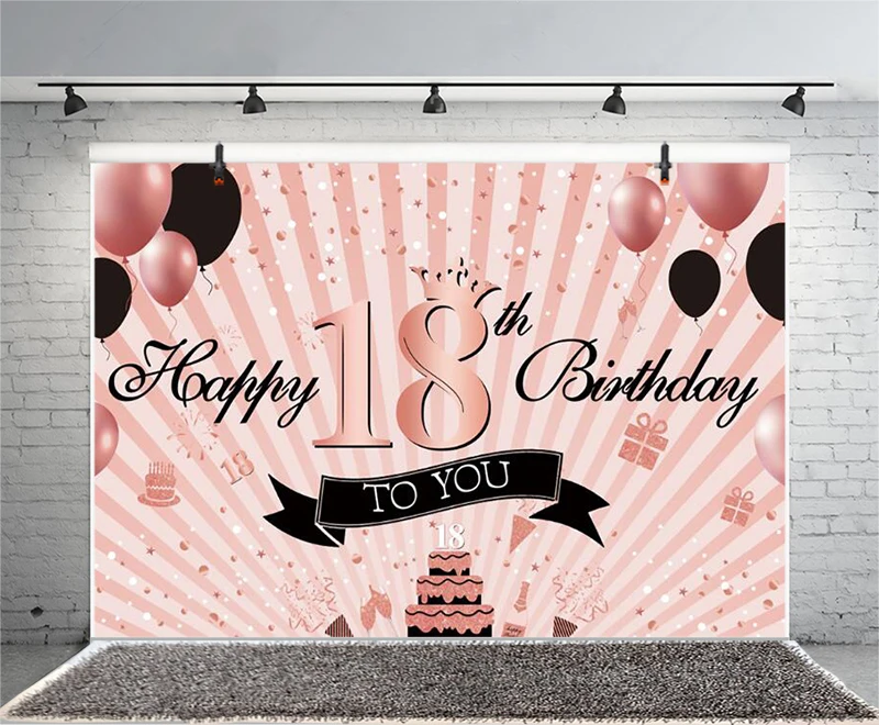 Pink 18th Photo Backdrop Eighteen Girls Happy Birthday Party Balloon Young Photograph Background Banner Decoration Prop