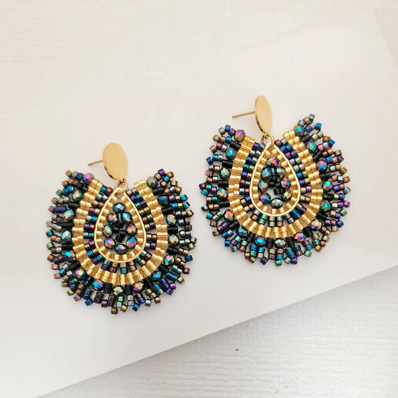 Beaded earrings Crystal Retro Bohemia Dazzling Water drop Design Hand knitting Alloy Tide Versatile Female Rice bead earrings