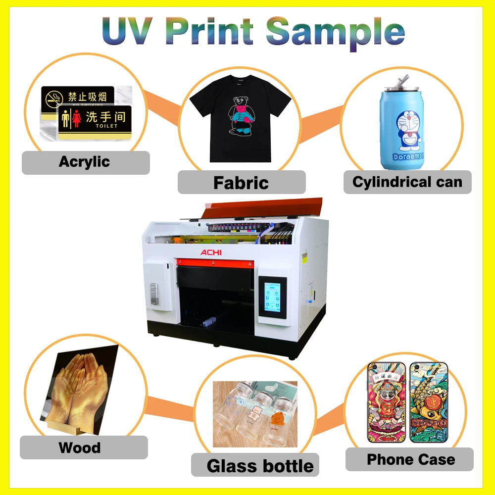 [US &EU STOCK] ACHI A3 UV Printer R1390 UV Flatbed Cylindrical A3 UV Printer for Glass Metal Wood Embossed Printer 5x500ML Ink