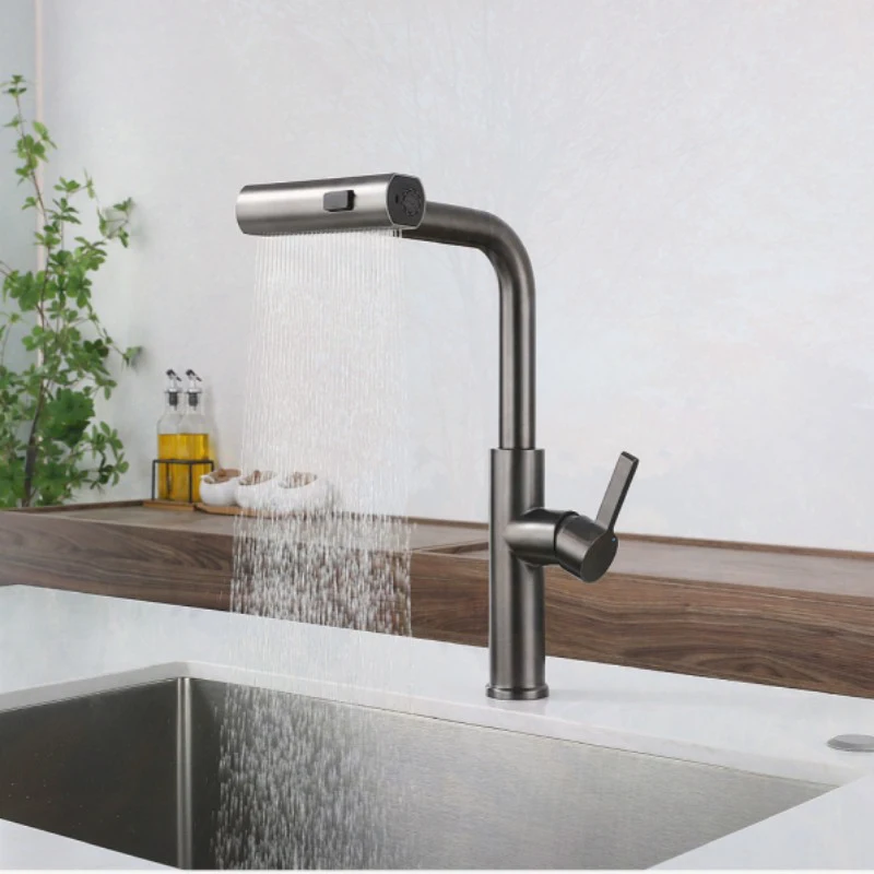 Waterfall Kitchen Faucet 3 Modes Pull Out Stream Sprayer Hot Cold Single Hole Deck Mounted Water Sink Mixer Wash Tap For Kitchen