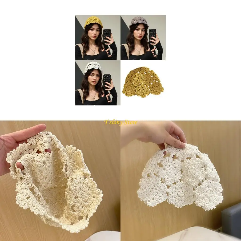 

N58F Elegant Crochet Cap Japanese Styles Hat with Hollowed Flower for Women