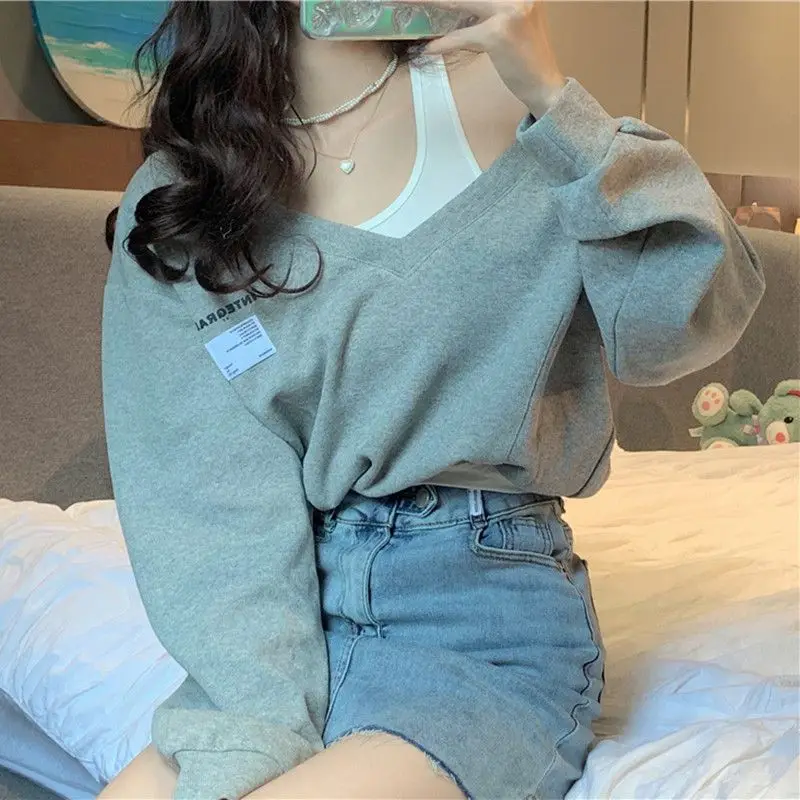 Korean Fashion Women Fake Two Pieces Strapless Crop Top Preppy Style Harajuku Swearshirt Loose Casual Pullovers Blouses 2023 New