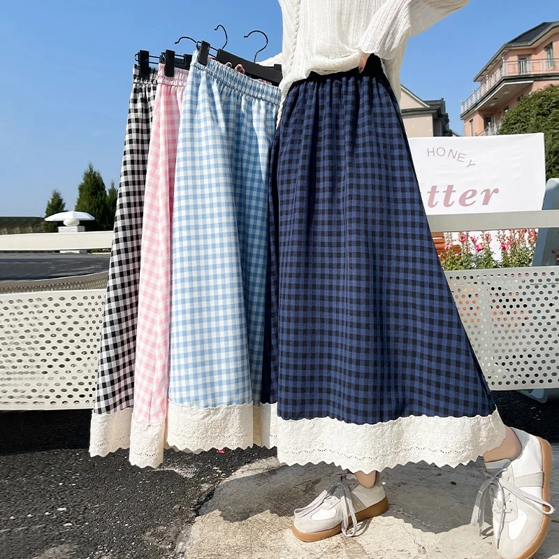 Лесной стиль, клетчатая юбка-миди в студенческом стиле с кружевной отделкой, летняя женская винтажная повседневная юбка средней длины, кружевная лоскутная юбка трапециевидной формы