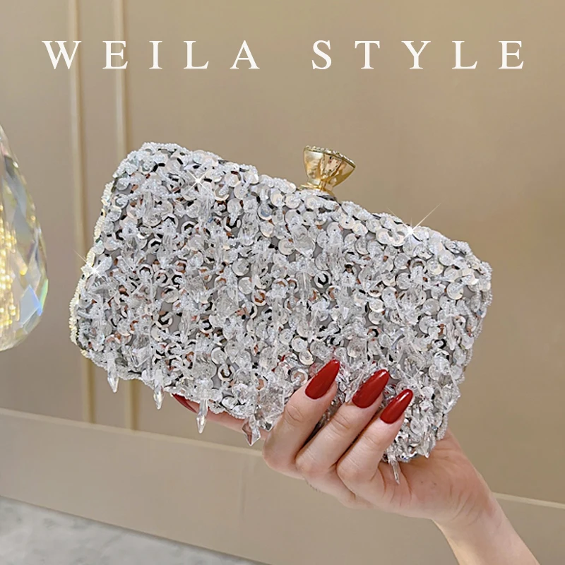 

Sequined Beaded Evening Bag, Elegant Box Clutch Purse, Women's Wedding Party Prom Handbag