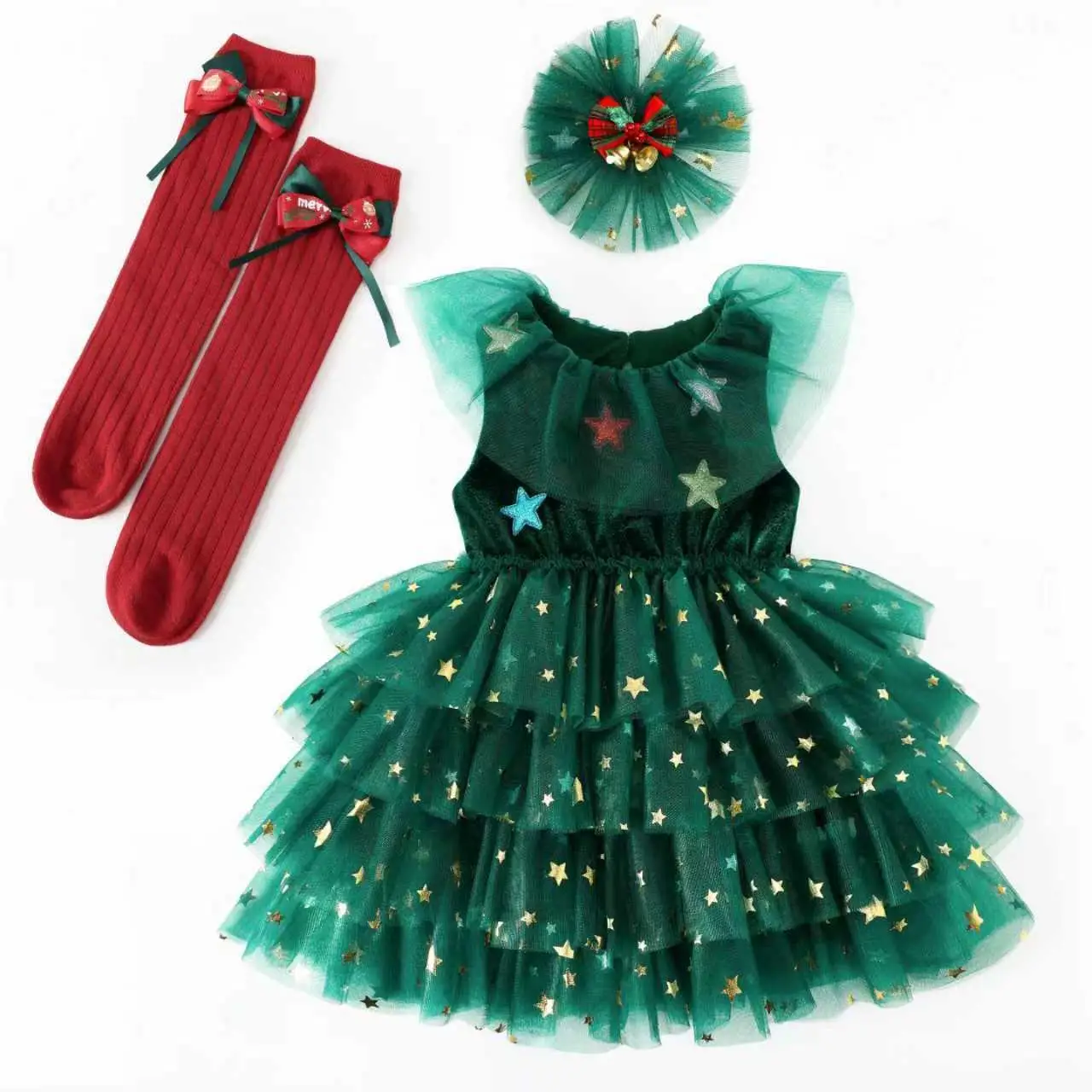 Green Christmas Children's Clothing for Girls Dress, New Mesh Princess Dress