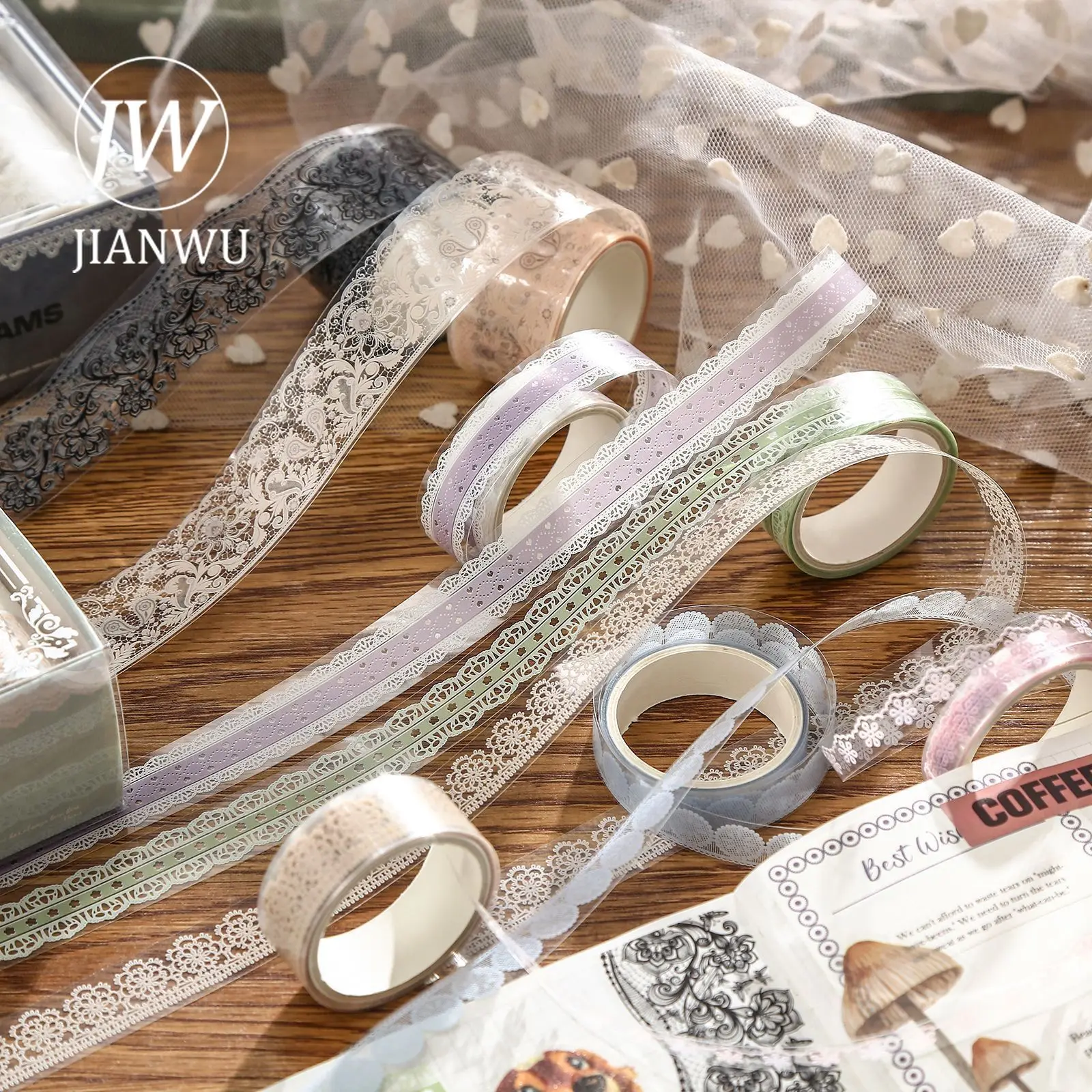 JIANWU 200cm/ Roll Vientiane Dream Series Vintage Hollow Lace Landscape Material Collage PET Tape Creative Journal Stationery