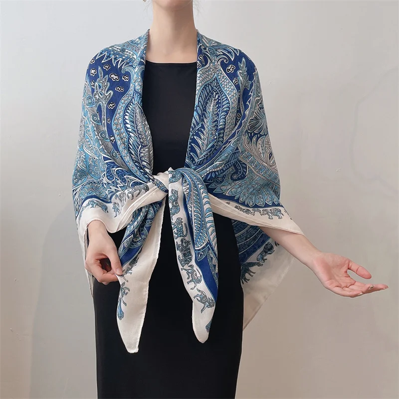 2024 Fashion Oversize Square Luxury Floral Viscose Shawls And Wraps Beach Cover Pashmina Stole Bufandas Muslim Sjaal 135*135Cm