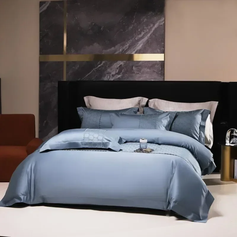 Double Queen King 4Pcs 1000TC Egyptian Cotton Blue/Gray Patchwork Duvet cover set Bedding set Bedspread Coverlet 2 Pillow shams