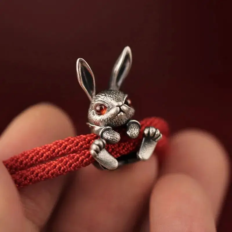 925 Silver Chinese Zodiac Frosted Rabbit Bracelet Adjustable Woven Hand Rope Lucky Jewelry for Lunar New Year Gift for Mom
