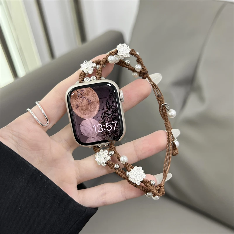 Ins Pearl Flowers Strap For Apple Watch Series 9 8 7 6 SE 4 5 45/44/42mm Woven Nylon Bracelet IWatch Ultra2 49mm 40mm 38mm Woman