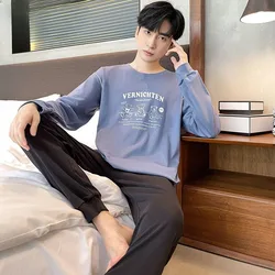 Cotton Men Pajamas Spring 2024 New Simple Large Size Pyjamas Loose Long Sleeve Nightdress Solid Color Round Neck Home Wear Set