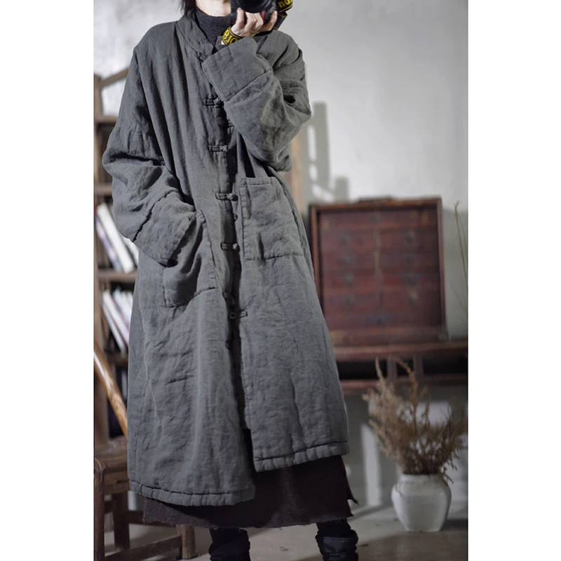 New Arts Style Winter Women Casual O Neck Long Sleeve Long Parker Single Breasted Good Quality Vintage Cotton Liner Coats Y186