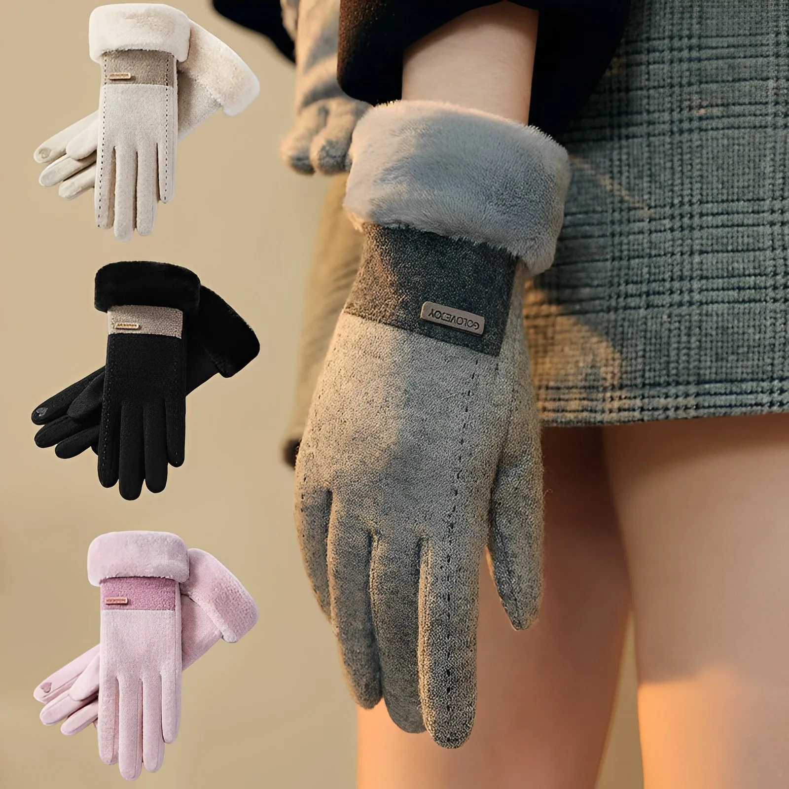 Winter Warm Cashmere Gloves for Women Girls Outdoor Cycling Riding Thicken Wool Touch Screen Full Finger Gloves Driving Mittens