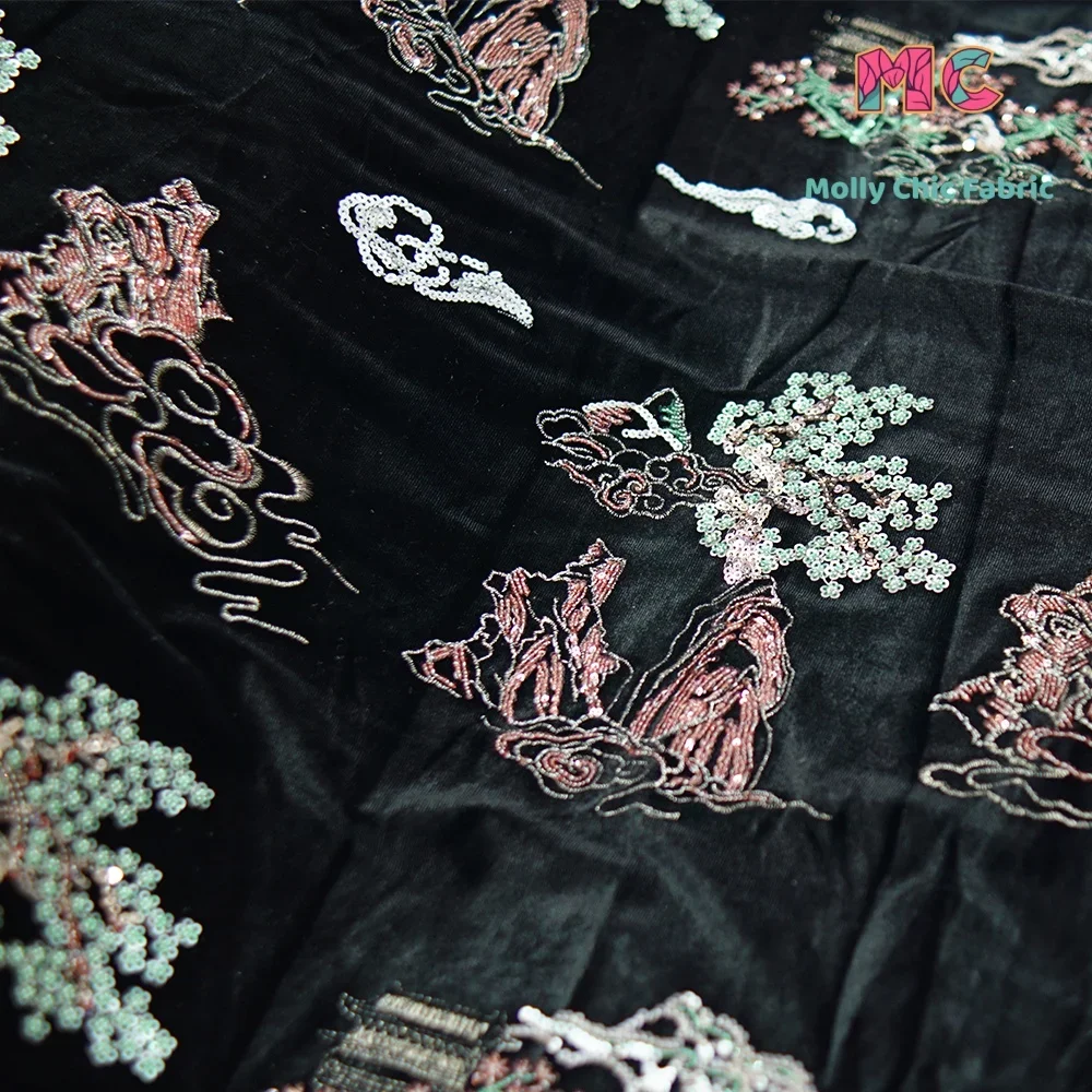 ผ้ากำมะหยี่ปักลายสไตล์จีนระดับไฮเอนด์แบบใหม่ ยืดได้สี่ด้าน สำหรับตัดเย็บเสื้อผ้าเด็ก ผ้ากี่เพ้าจีนแบบใหม่