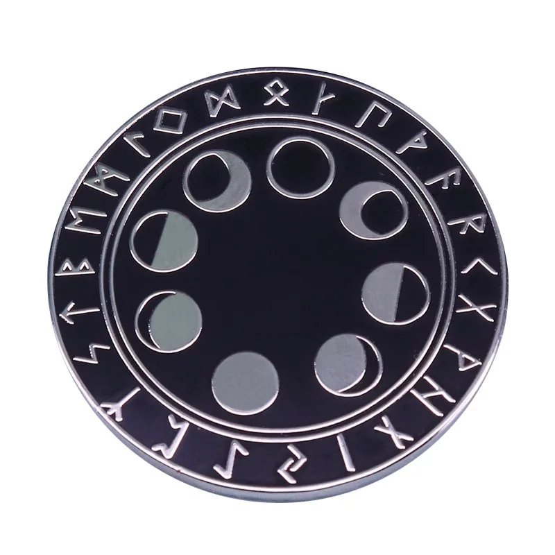 1pc Moon Phases & Runic Alphabet Enamel Pin, Dark Occult Brooch, Viking Style Lapel Pin for Wicca & Pagan Enthusiasts
