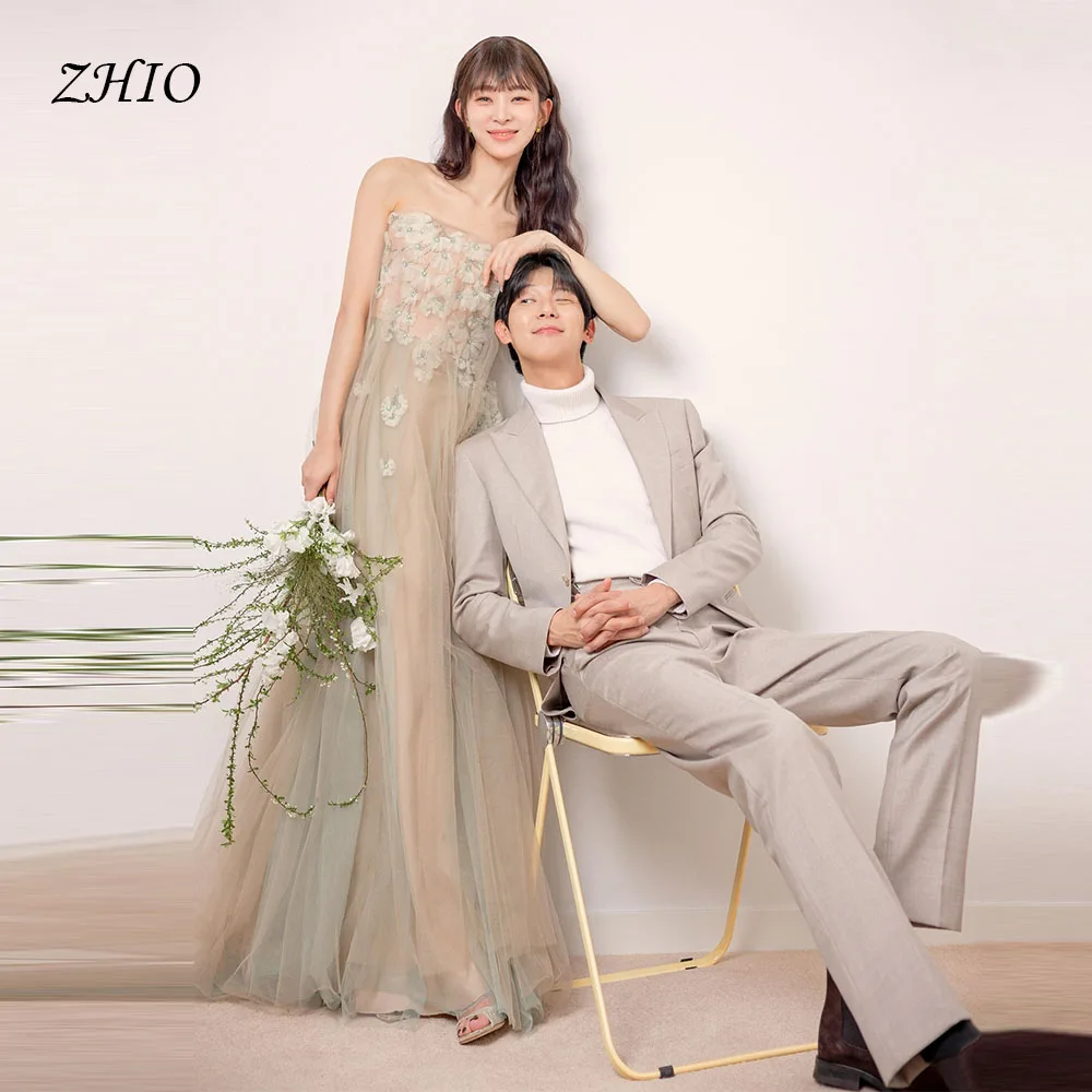 

ZHIO Customized Floral Embroidered Tulle Korean Wedding Strapless A-Line Floor Length Dresses Wedding Shooting, Engagement Party