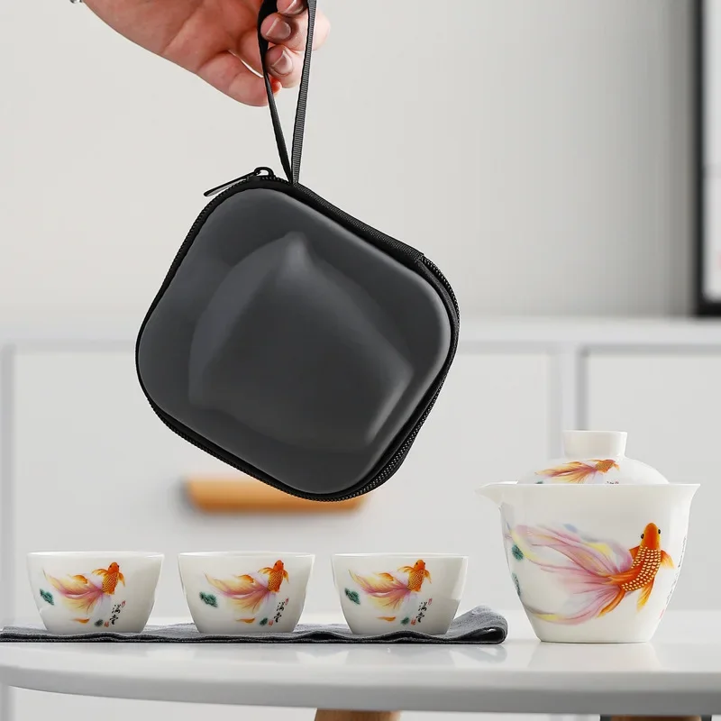 Hand-painted Travel Tea Set White Porcelain Pot Three Cups Outdoor Kung Fu Tea Set Portable Quick Cup Mutton Fat Jade Gift Sets