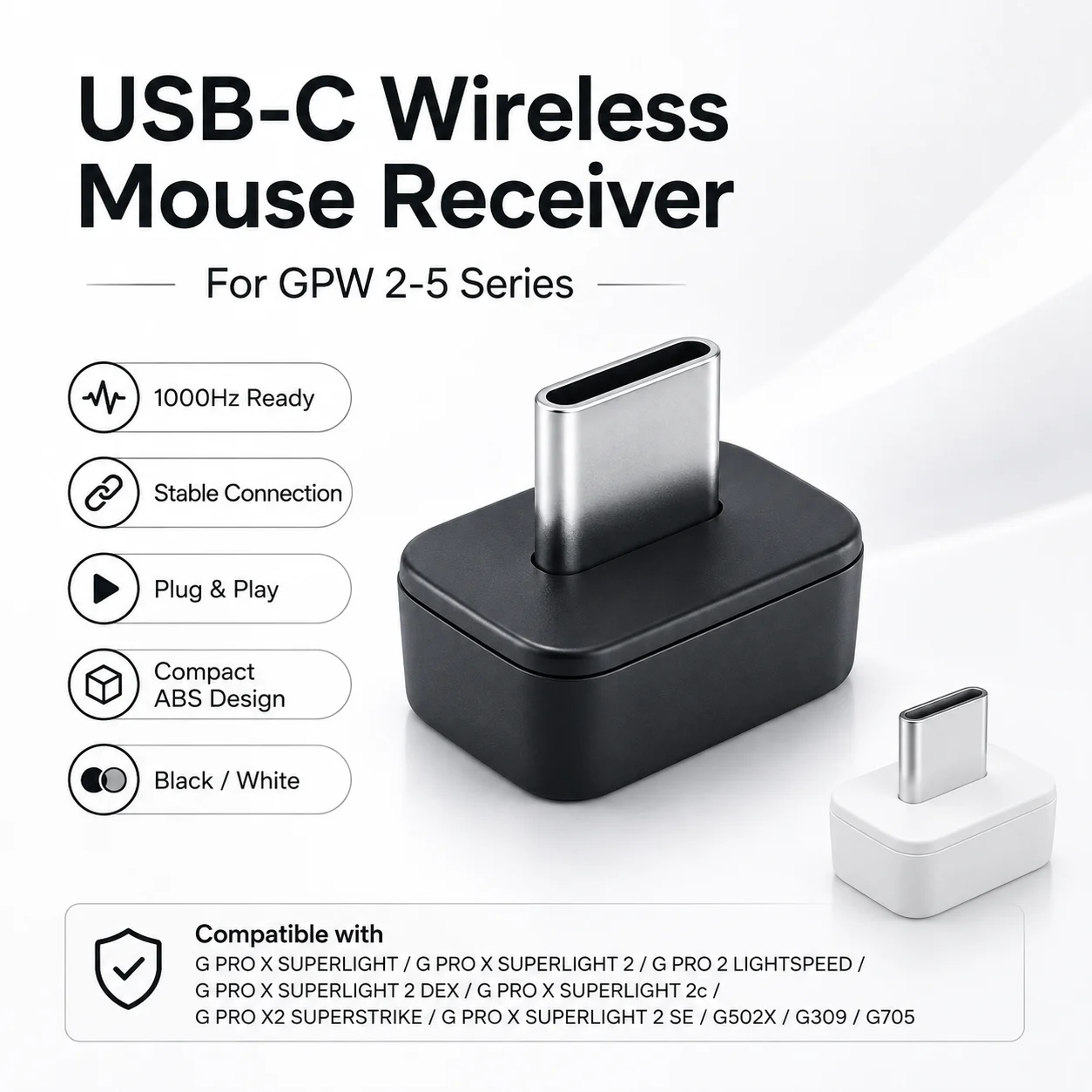 USB-C 1000Hz Hyper-Polling Receiver for Logitech G PRO X SUPERLIGHT 2 DEX 2c G PRO 2 LIGHTSPEED G PRO X2 SUPERSTRIKE