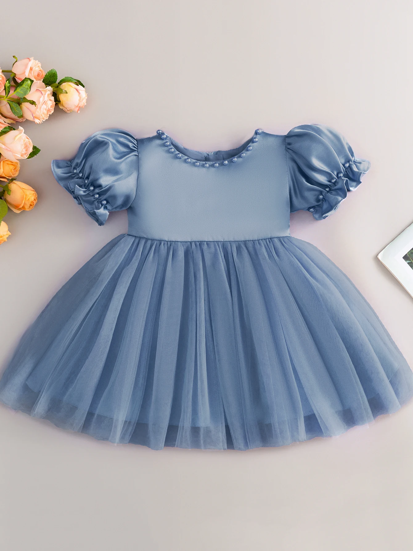 Baby Girl's Gray-Blue Bow Dress With Tulle Skirt For Birthday Parties And First Birthday Celebrations