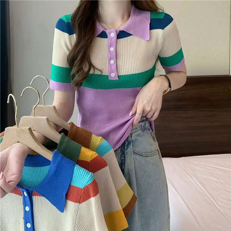 

JANZHISAN Casual Shirts Contrast Color Stripe Turndown Collar Top Women Summer New Style Thin T-Shirt All-Match Knitting Top