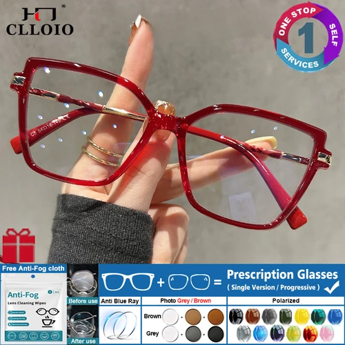 CLLOIO gafas graduadas de ojo de gato cuadradas Premium, gafas de miopía con montura grande a la moda para mujer, gafas de lectura antiluz azul