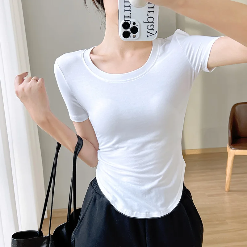 

2024 New Arrivals Short Sleeve Womens T-Shirt Modal Round Neck Woman T Shirt Slim Fit Solid Color Tee with Flared Hem for Women