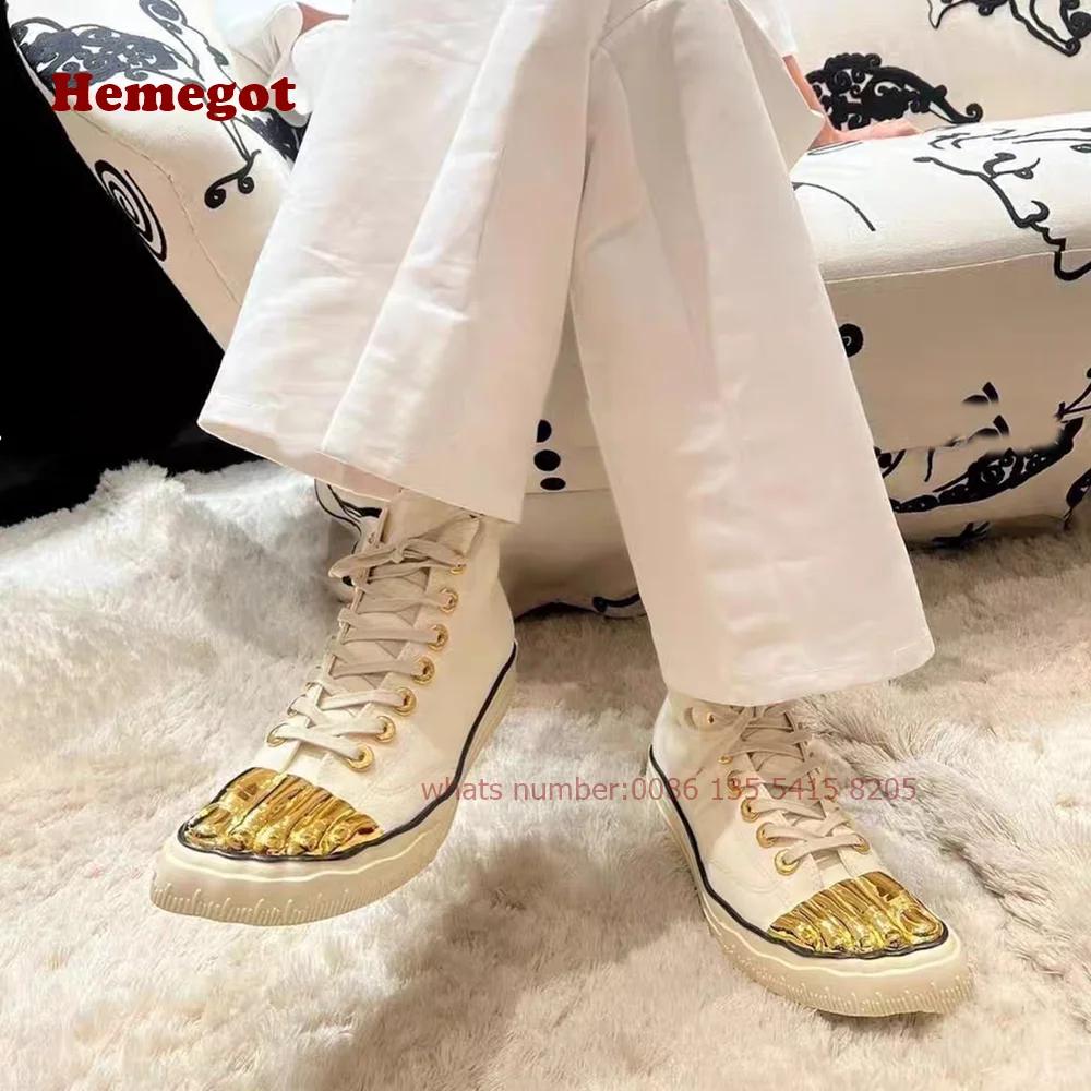 Metal Five-Fingers Canvas Shoes Lace Up Patchwork Height Increasing Women's Men's Boots High Top Casual Shoes Luxury New Design