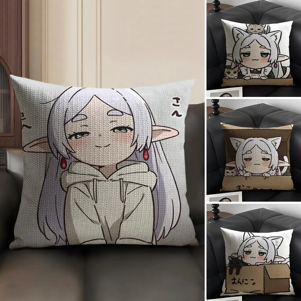 Kawaii Frieren Anime Cushion Cover Natural Linen Organic Fabric Double-Sided Printing Sofa Home Decor Gift Cushion Cover
