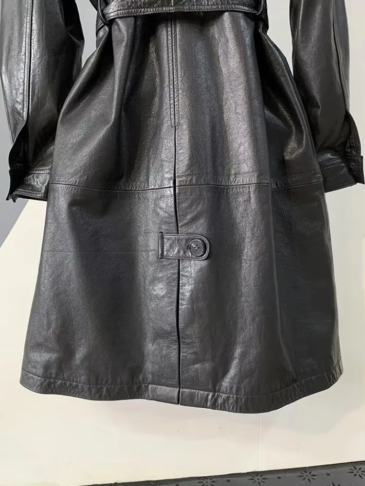 Chaqueta de Cuero Genuino con Solapa Estilo Conciso, Botones, Color Sólido, Mangas Largas, de Piel de Vacuno, Ajustada, para Mujer, Prenda Exterior de Moda