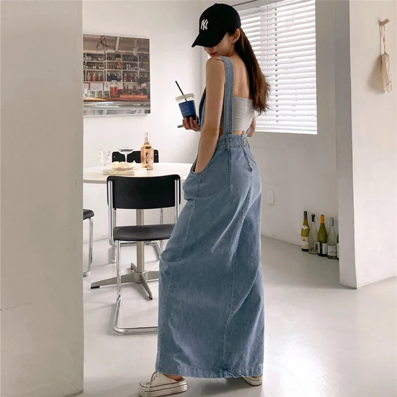 

Loose Plus Size Women's Suspenders Dress Casual High Waist Denim Dress For Students Slit Design Ankle Length Halter Dresses