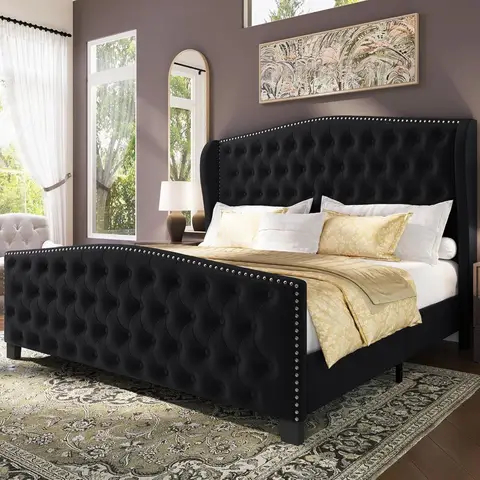 Upholstered King Size Bed Frame Velvet Black Tufted Platform Bed Frame with Wingback Headboard&Footboard,with Deep Button Tufted
