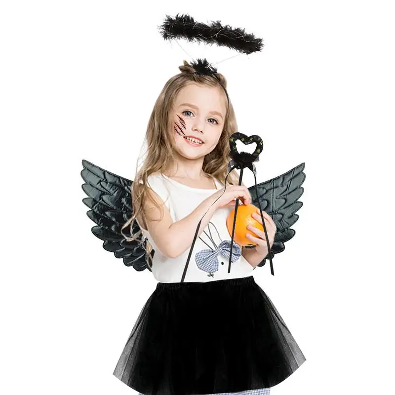 Disfraz de Ángel negro para niños, traje de Ángel oscuro, alas de Diablo, Kit de vestido de Halo, conjuntos de vestido temáticos para Halloween, Carnaval, actuación en escenario