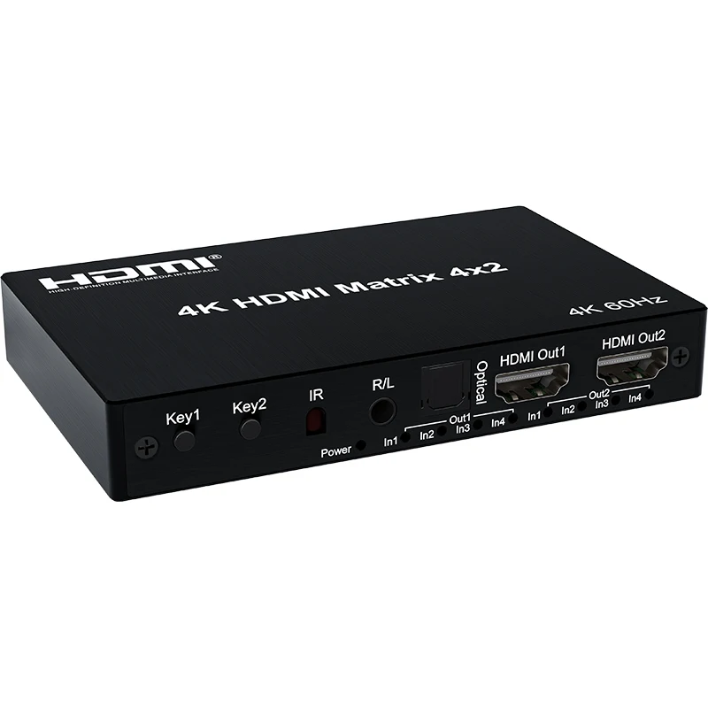 4K 60Hz HDMI Matrix Switcher 4x2 2x4 Matrix HDMI Switcher Splitter 4 in 2 out with Optical 3.5mm Audio Extractor with IR Remote