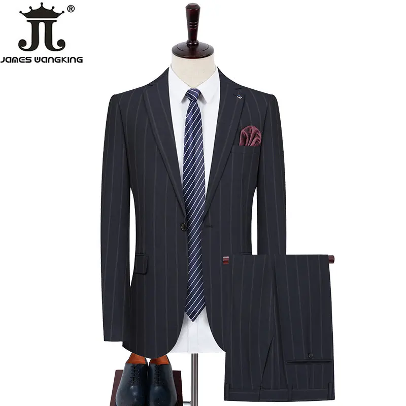 Men\'s Business Casual Wedding Groom Party Twopiece Blazer Trousers Slim Suit Male Solid Color Plaid Stripes Suit Jacket Pants