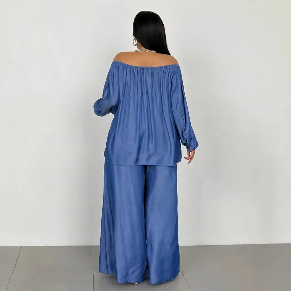 Новое поступление, свободный крой, джинсовый вид, комплект из двух предметов, топ с колючками на плечах и широкие брюки для женщин больших размеров, весенний сезон