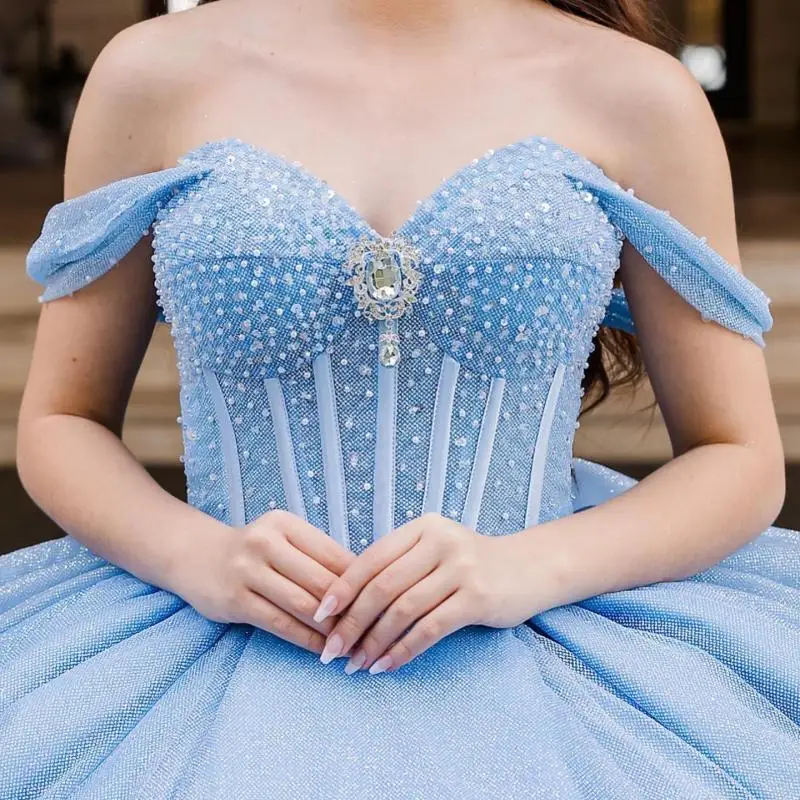 

Glitter Blue Quinceanera Dress Ball Gown Shiny Applique Beads Crystal Tiered Corset Sweet 16 Vestidos De 15 Años