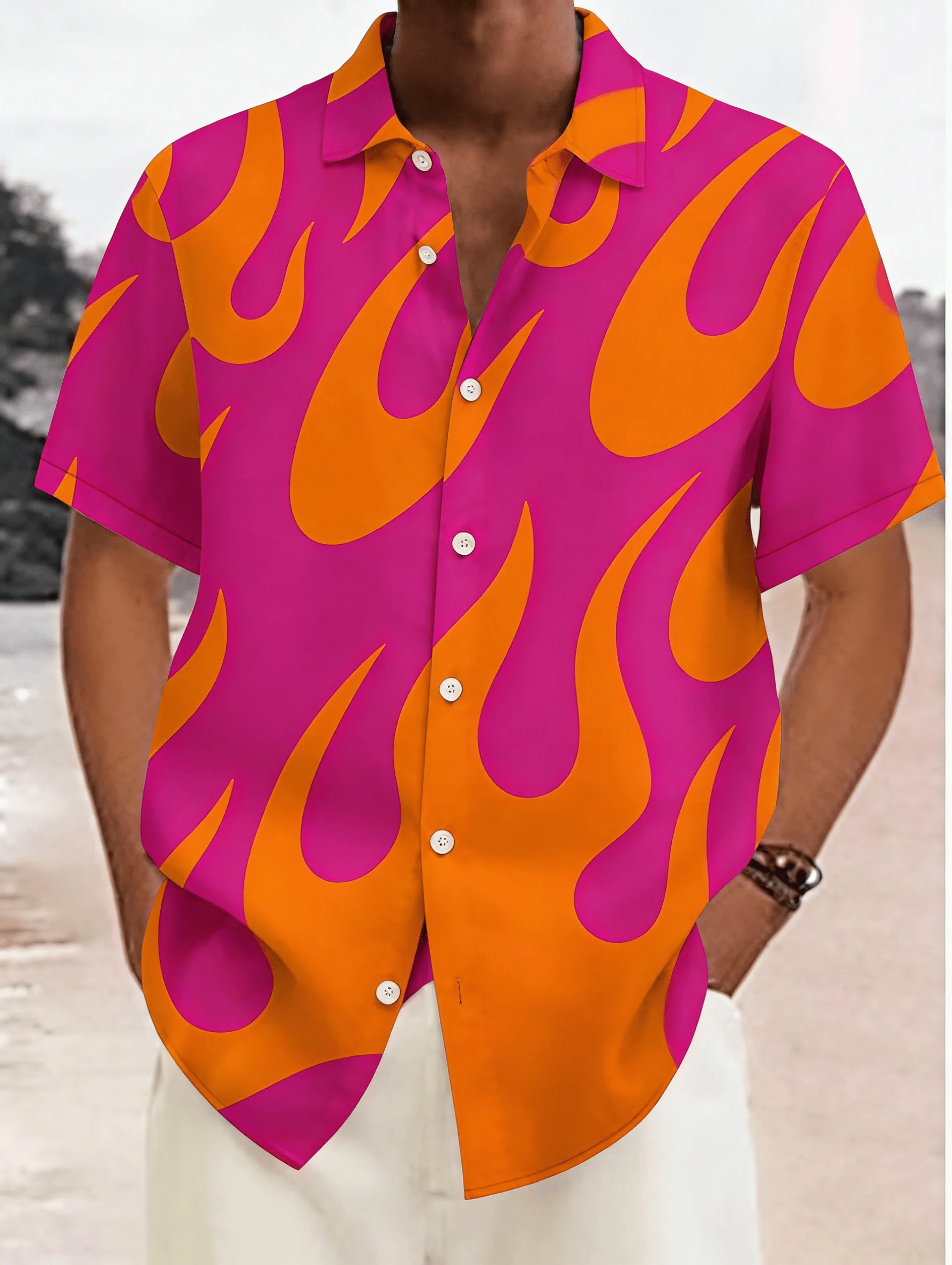 

Men's Flame Print Short Sleeve Shirt, Spring Summer Retro Street Casual Top, Pocket Lapel Style