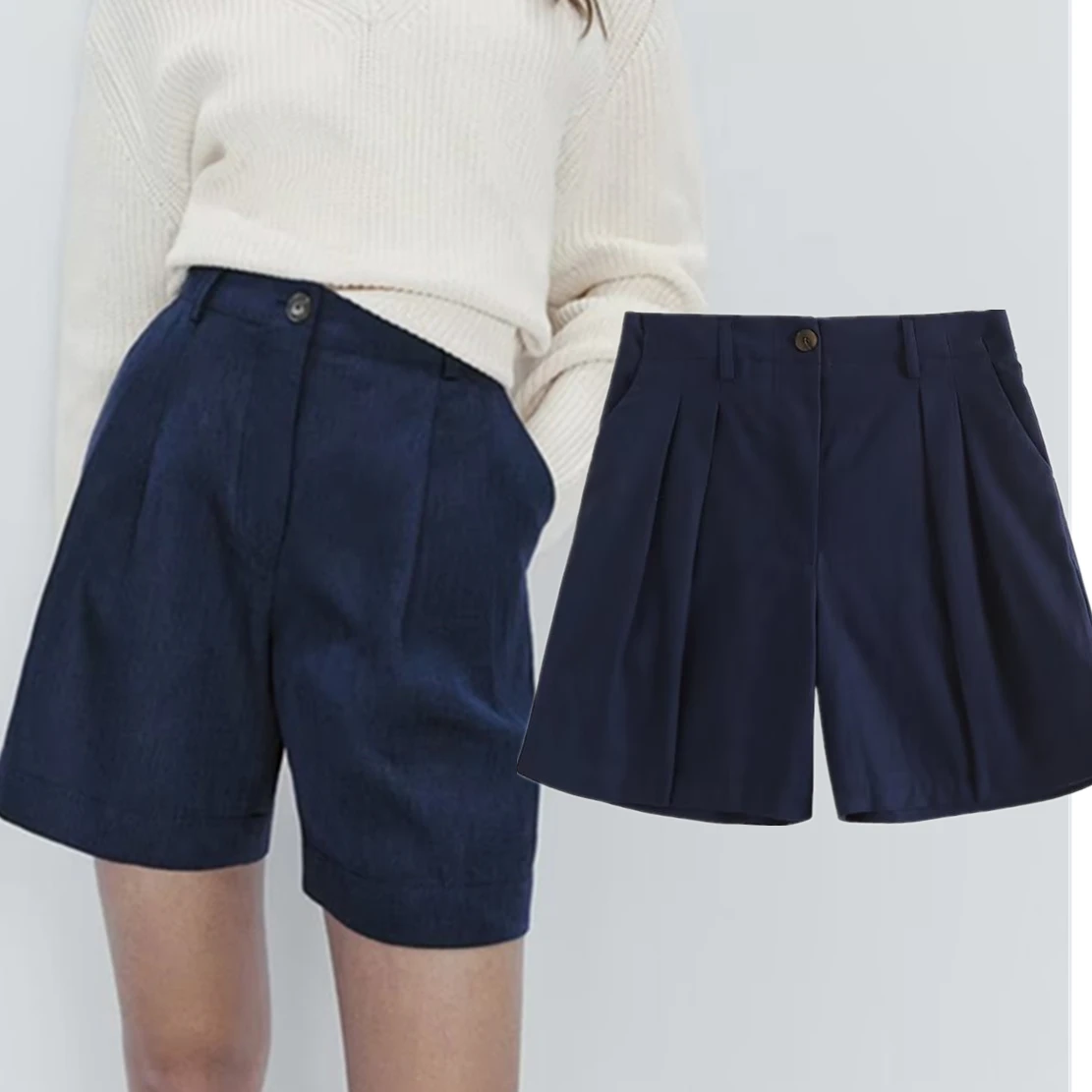 

Dave&Di England Fashion Indie Folk Linen Bermuda High Wasit Navy Color Casual Straight Shorts Women