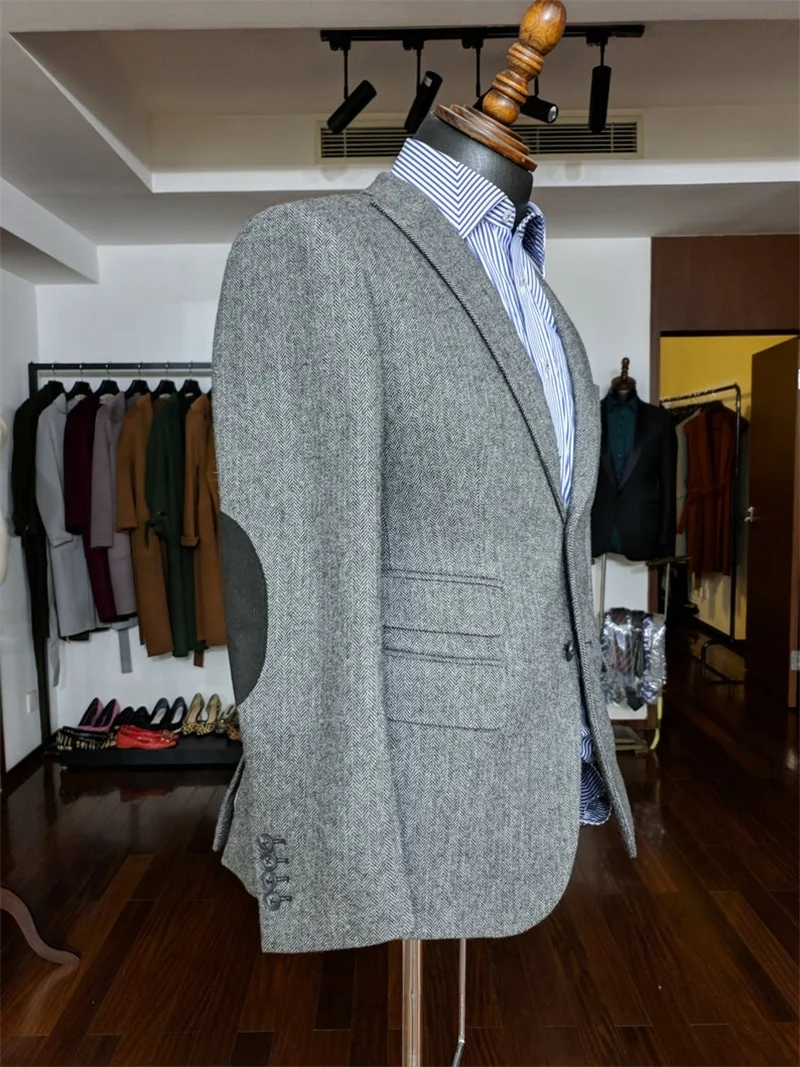 Tailor-made Man Vintage Brown Tweed Jacket For Men Peak Lapel Herringbone Blazer Homme Custom Made Spring Casual Slim Fit Suit