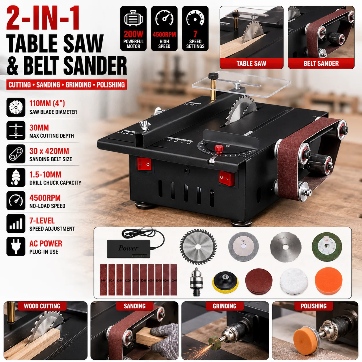 2-in-1 Mini-Tischkreissäge & Bandschleifer |   200W Desktop-Präzisions-Holzbearbeitungsmaschine |   7-Gang Elektrisches Schneid-, Schleif- und Polierwerkzeug