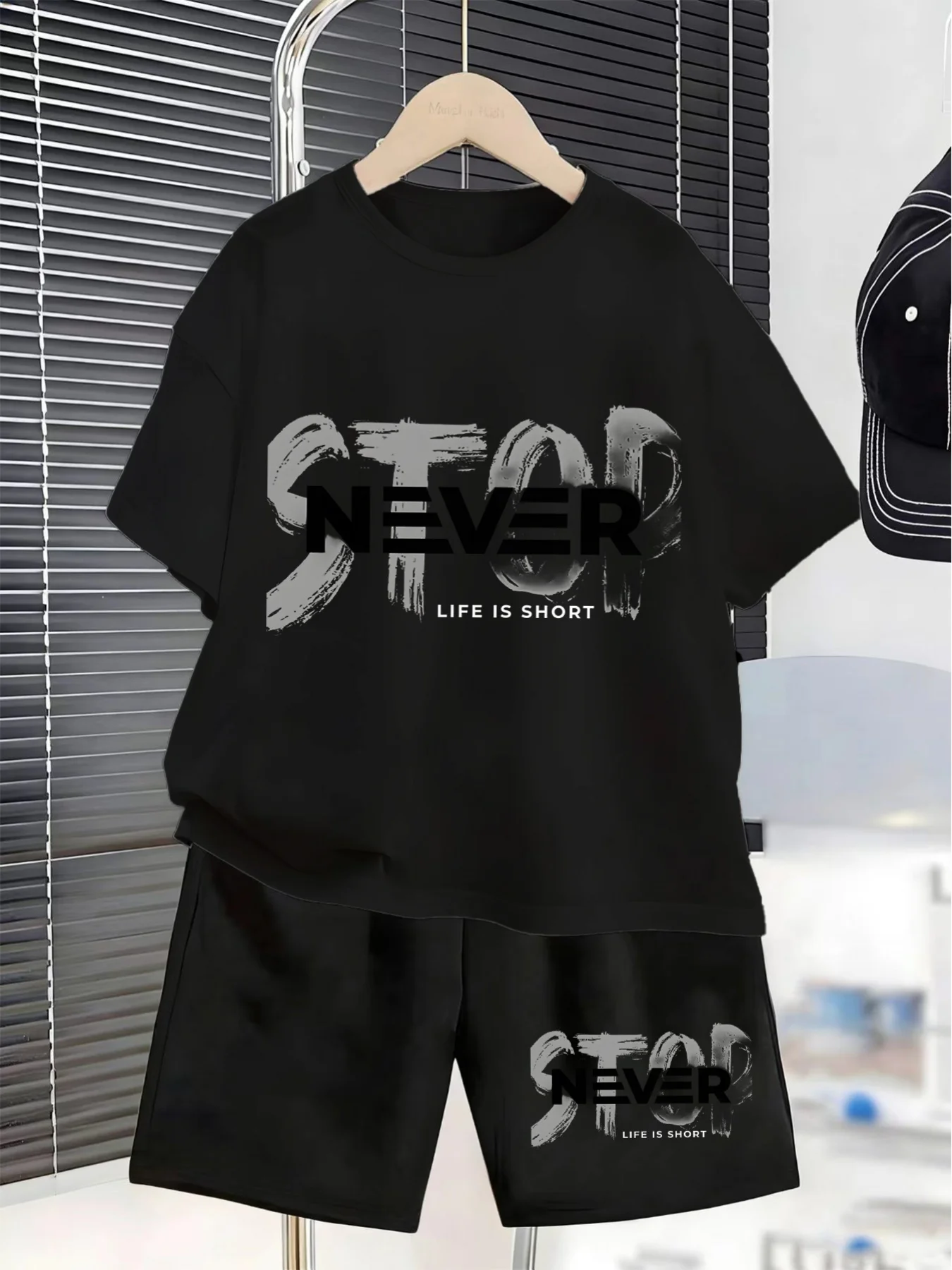 The New Summer NEVER STOP LIFE IS SHORT Inspirational Monogrammed T-shirt and Shorts Two-piece for Kids